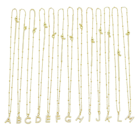 Gold Silver Peal Initial Charm Necklace,Sku#EF601