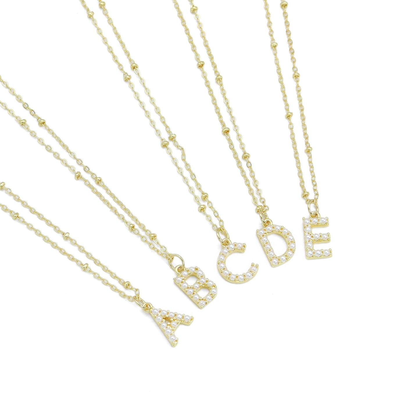 Gold Silver Peal Initial Charm Necklace,Sku#EF601